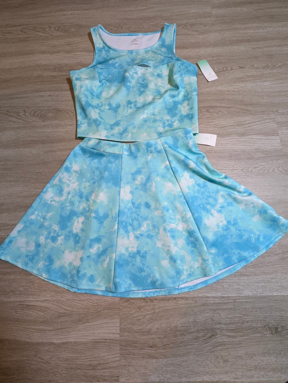 Decree Women L 2 Piece Set NWT Blue White Tie Dye Crop Tank Top A-Line Skirt Min
